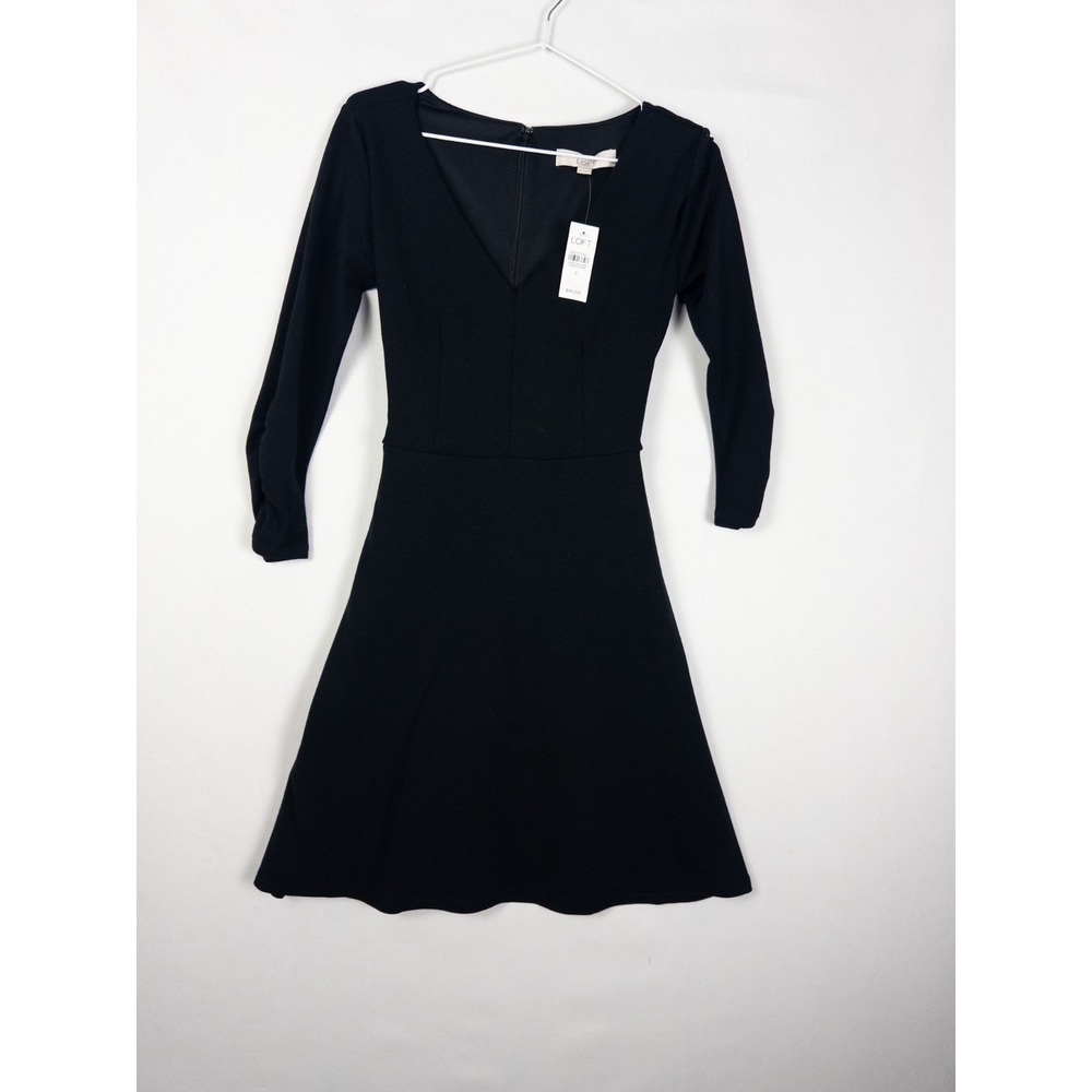 NWT $90 Loft Dress Womens 0 Black Ruffle Flare Long Sleeve V Neck Cocktail